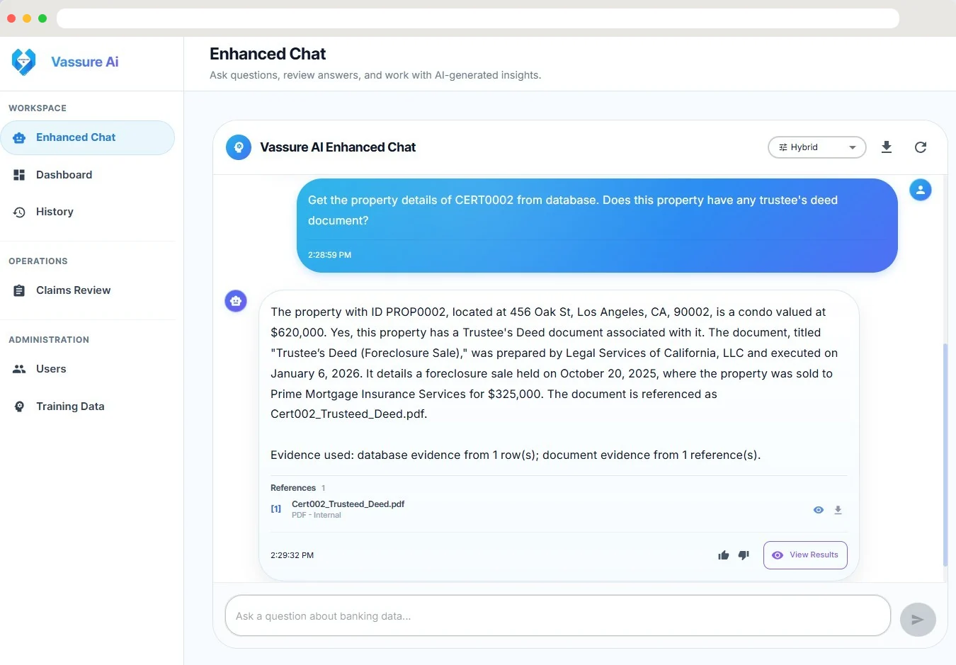 Vassure Ai Enhanced Chat showing a property question, a grounded answer, an evidence summary, and an internal PDF reference
